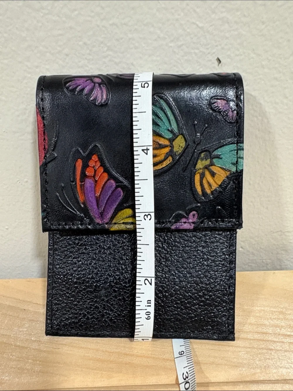 Black Leather Wallet with Colorful Embossed Butterflies